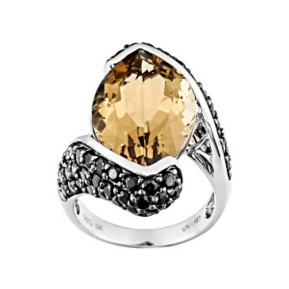 10.20CT Marquise Champagne Quartz W/ 2.12CTW Black Spinel Sterling Silver Ring 7